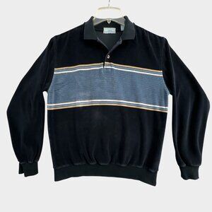 Vintage Axiom Velour Polo Pullover Sweater Mens Medium Blue Stripe Distressed